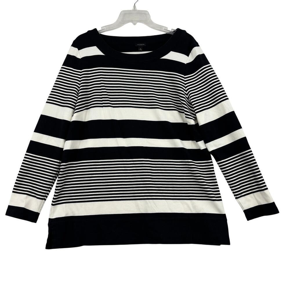 Talbots‎ Sweater Size XL Black White Stripe Round Neck Long Sleeve 100% Cotton